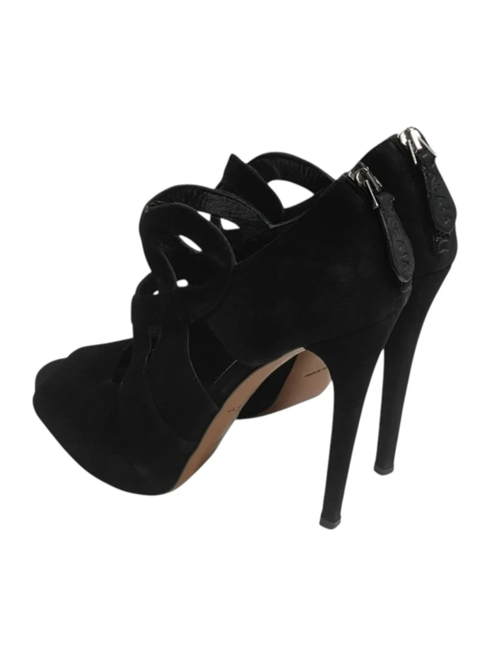 Alaia 𖦹 Cut Out Peep Toe Platform Stiletto Heel Sandals 𖦹 Black Suede 𖦹 37
